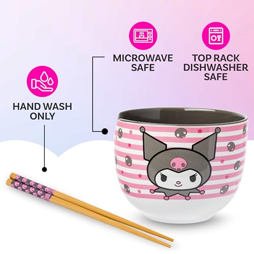 Silver Buffalo Sanrio Hello Kitty Skulls, Ramen Bowl with Chopsticks, 20oz - color: Kuromi Skull and Stars, size: 20 Ounces (No Spoon)
