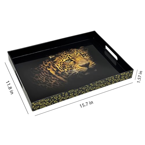 Serving Tray with Handles, 15.7 * 11.8 inches, Plastic Ottoman Tray with Exquisite Paintings, Trays for Coffee Table - color: Leopard