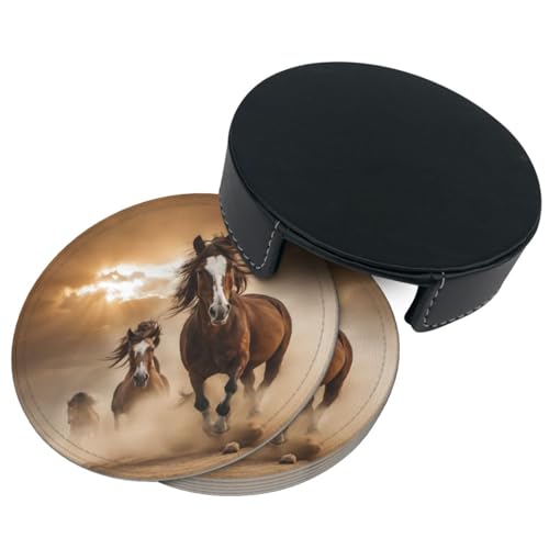 6 Pcs Leather Coasters for Drinks with Holder Two Running Horses Coaster Sets Drink Table Cup Coasters for Kitchen Coffee Decor - color: Two Running Horses