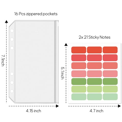 16 Pcs A6 Zippered Binder Envelope Pouches for 6-Ring Budget Cash System, Clear Inserts for Money Saving and Budgeting, With 42 Sticky Labels - size: A6