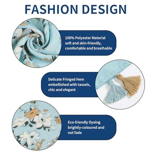 QIUTIMIY Scarf for Women Lightweight Soft Floral Leopard Printed Scarves Fall Winter Fashion Shawl Wrap with Fringe - color: Flower-blue Brown