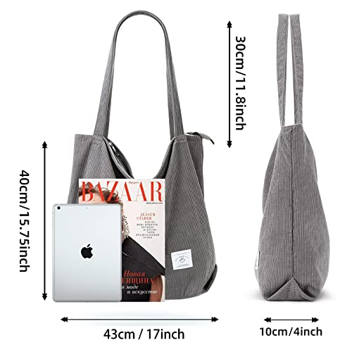 KALIDI Women Corduroy Tote Bag Zipper Casual Tote's Handbag Big Capacity Shoulder Bag with Pockets - color: Grey01