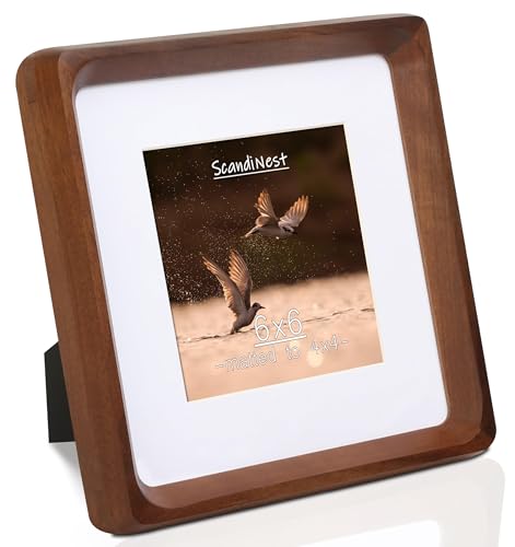 Square 6x6 Picture Frame, USA-Sourced Natural Walnut Wood with Real Glass, Handcrafted Rounded Corners, Matted to 4x4 Photo, Gallery Wall and Tabletop Display - color: Walnut, size: 6X6