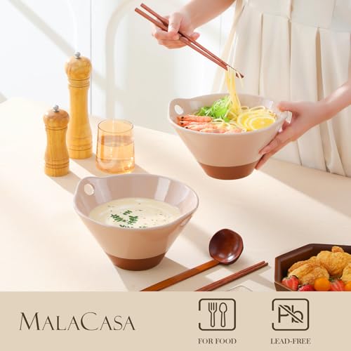MALACASA 42 oz Ceramic Ramen Bowls with Chopsticks & Spoon, Pink & Khaki - color: Pink and Khaki