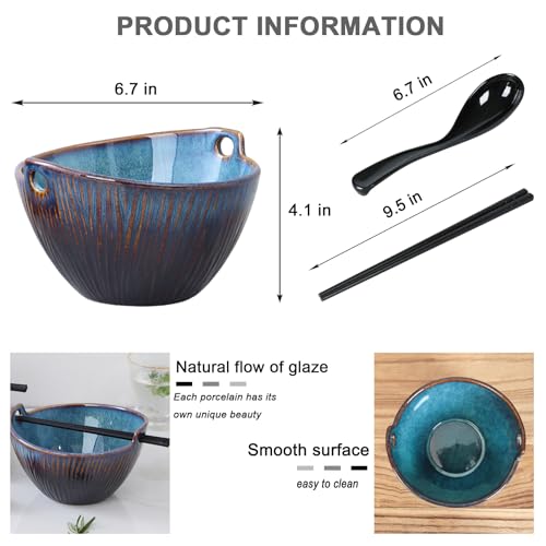 Ceramic Ramen Bowl with Chopsticks and Spoons Set, 6.7 Inch Noodle Bowl Set for Pho Udon Soba, Set of 2 (Sky Blue) - color: Sky Blue