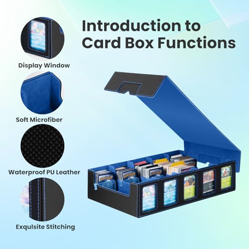 Trading Card Storage Box with Commander Display, 5-Row Deck Case with Removable Lid & Handle, 4000+ Card Organizer with 48 Colorful Dividers & 5 Stoppers for MTG, Black & Blue - color: Black & Blue, size: 4000+, with Handle