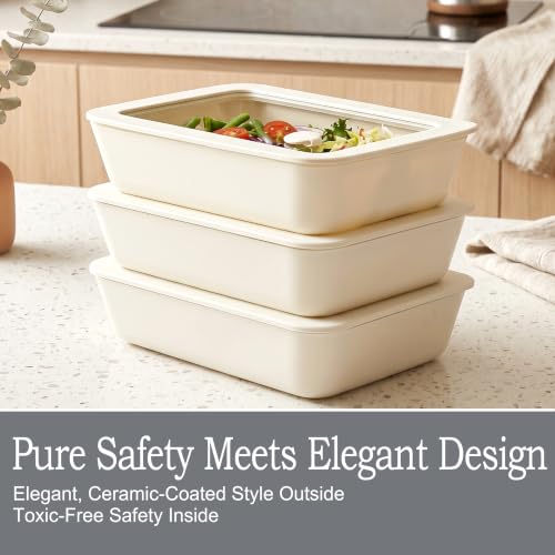 Urban Green Ceramic Coated Glass Food Storage Container with Airtight Glass Lid, 3 Pack Medium Size Rectangle Meal Prep Container, 23oz, Microwave and Oven Safe Non-Toxic Lunch Box, Cream color - color: Coconut Cream-3RS