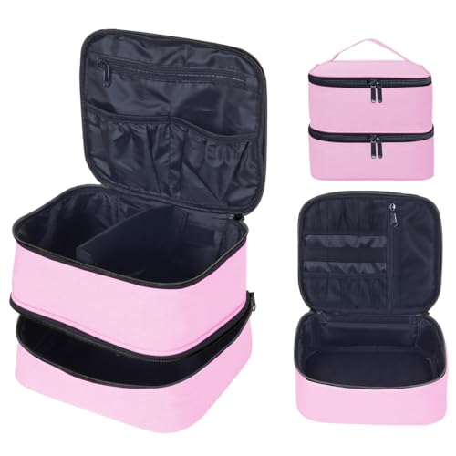 Double Layer Makeup Bag with Adjustable Dividers, Pink - color: Pink