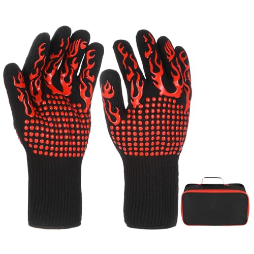 M METERXITY 1-Pair BBQ Gloves, 1472°F Heat Resistant Non-Slip Grilling Oven Gloves for Barbecue/Baking/Cooking, with Storage Bag [Flame Pattern L, Red] - color: Red