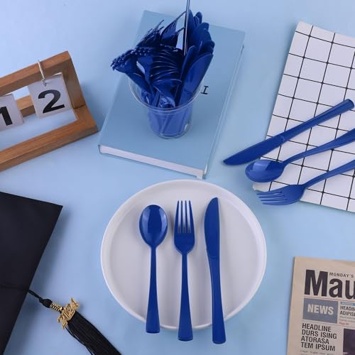 Kochorie 300 Pieces Dark Blue Plastic Silverware with Spoons Forks Knives - color: Dark Blue