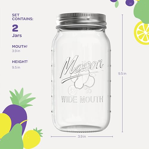 SEWANTA Wide Mouth Mason Jars 64 oz [2 Pack] With Mason Jar Lids and Bands, Mason Jars 64 oz - For Canning, Fermenting, Pickling - Jar Decor - Microwave/Freeze/Dishwasher Safe.