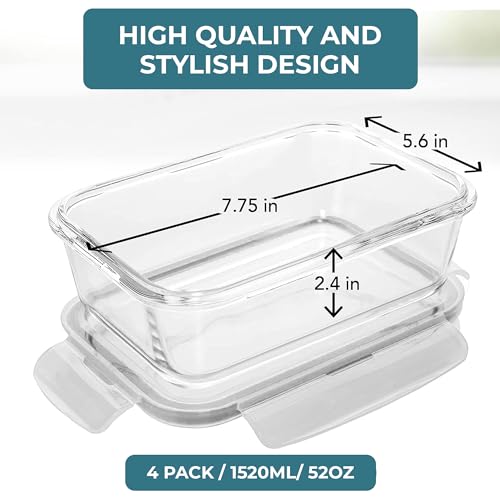 Razab 6.5 Cups / 52 Oz 4 Piece (2 Containers + 2 Lids) Glass Food Storage Containers Set with Airtight Locking Lids - For Storing, Baking & Serving BPA Free, Leakproof - Microwave, Freezer & Oven Safe - color: Gray
