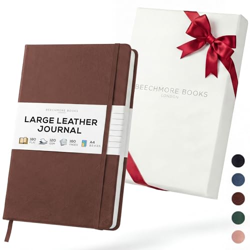 BEECHMORE BOOKS A4 8.5x11.5 Lined Leather Journal For Men 120 GSM, Gift Box - color: Chestnut Brown, size: A4 - 8.5" x 11.5" Large