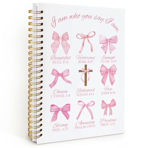 Bible Journal for Women, Christian Prayer Journal Pink Notebook Gifts for Teen Girls Kids, Bible Study Supplies, Coquette Bows Cute Church Faith Journaling Hardcover Spiral Notebook 5.5x8.3 - color: Pink Bow - I am who you say I am