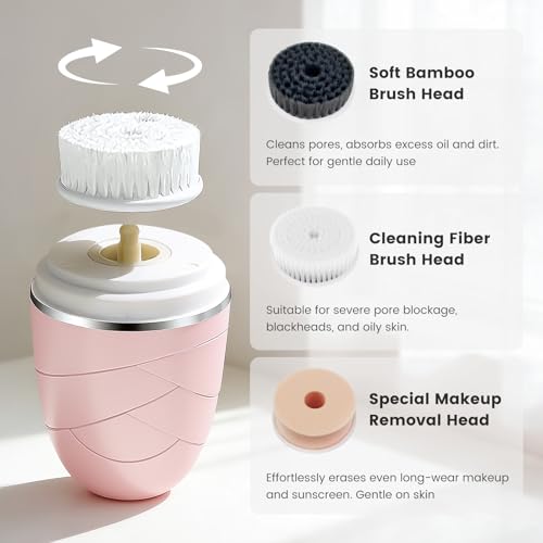 Facial Cleansing Brush, Mini Electric Face Scrubber, Waterproof Face Exfoliator Brush for Deep Cleansing, Portable Face Wash Brush for Travel, Easy to Carry, with 3 Brushheads for Women Mom Men