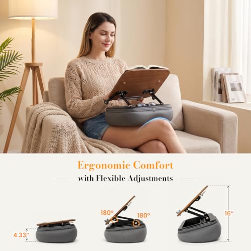 Rimkoo 3-in-1 Lap Desk for 15.6" Laptop, Reading Book & Tablet, Elevated Pillow Stand with Storage & Dark Wood Panel, Adjustable Multi-Angle Beanbag Holder for Bed, Couch & Sofa