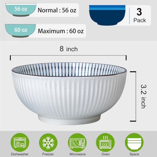 60 oz Large Soup Bowls Set of 3, Pho Bowls, Ramen Bowl - Assorted - size: Assorted Pattern (8 Inch, 60 oz)