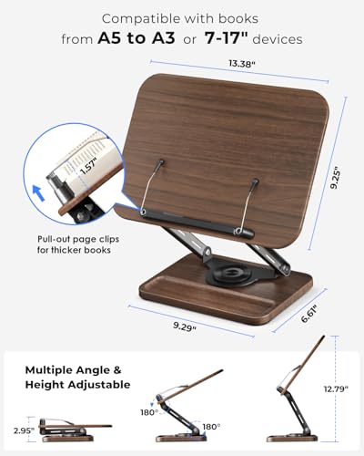 Viozon Book Stand for Reading, Book Holder 360° Rotating Base with Pen Slot, Foldable Reading Display Stand with Elastic Page Clips for Cookbook, Recipe, Textbook, Tablet, Laptop