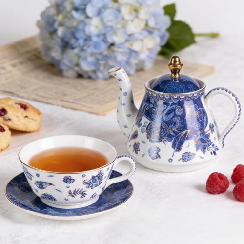 KAMMAK Tea for One Set, Ceramic Teapot, Bone China Tea Set, Cup and Saucer - color: Navy Blue-XY5