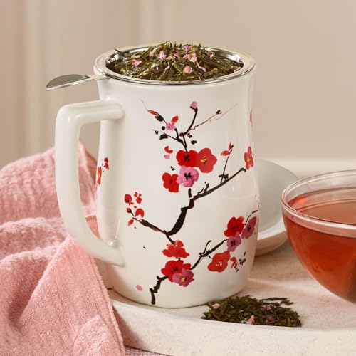 Tea Forte Ceramic Fiore Tea Cup with Infuser, Sakura, 14 oz - color: Sakura