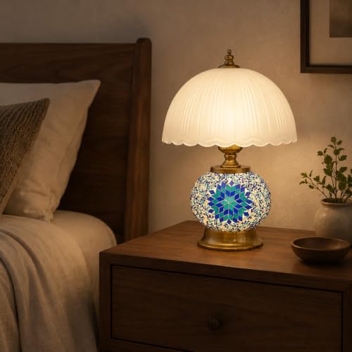 Boho Blue Mosaic Small Table Lamp with White Glass Shade - color: Blue, Bronze, White