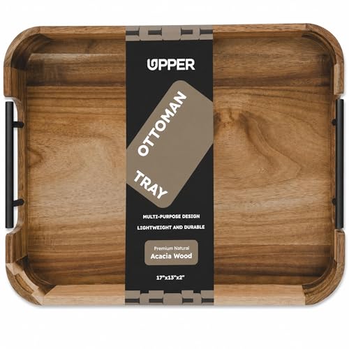 Upper Acacia Wood Ottoman Tray 17x13 Inches with Handles, Decorative Serving Tray for Coffee Table, Breakfast Tray with Anti-Skid Pads (Black Handle 01) - color: Black Handle 01