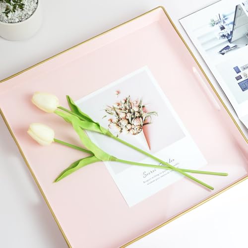 Spsyrine Pink Decorative Serving Tray with Handles, 13" X 13" Square Plastic Coffee Table Tray for Ottoman, Living Room, Bathroom, Home Decor. - color: Dl006r