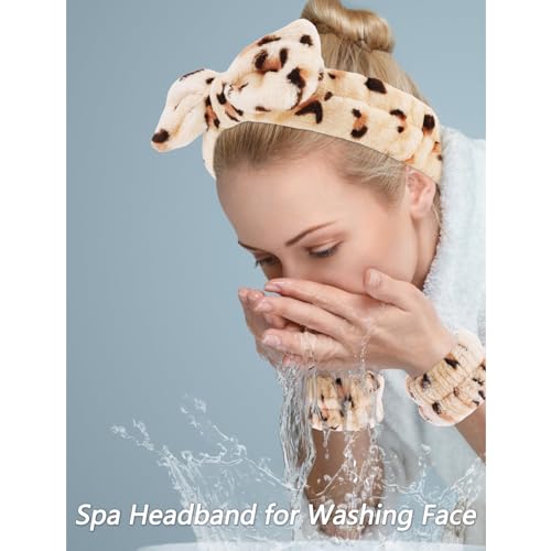 VELSCRUN Spa Headbands for Wash Face, Makeup Headband, Facial Skincare Headbands, 5 Pcs Brown Leopard Puffy Sponge Spa Headband Bow Tie Hair Band Hair Clips Wristband Set Women Girls Accessories - color: Brown Leopard