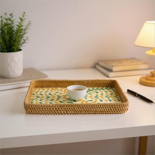 3 Pcs Rectangle Rattan Mother of Pearl Inlay Wicker Decorative Serving Tray - color: Yellow Green Wicker