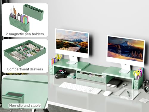 Spacrea Dual Monitor Stand Riser with Drawer and 2 Pen Holders - color: Sage Green