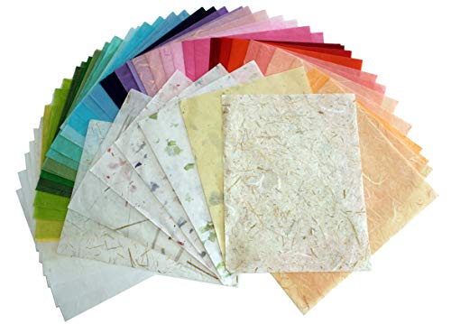60 Sheets Handmade Mulberry Paper Natural Fiber Decorative Craft Paper Assorted Colors & Textures for Scrapbooking, Collage, Card Making, Bookbinding