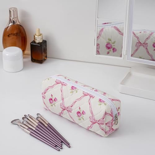 Cute Floral Cotton Makeup Brush Cosmetic Bag for Women, Travel Quilted Zipper Make Up Bag, Flowers Toiletry Organizer Case Kawaii Makeup Cosmetic Travel Cloth Pouch (Pink Bowknot) - color: 05 Pink Bowknot