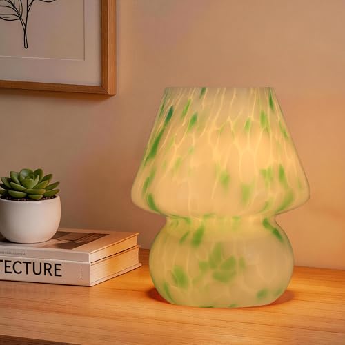 Mushroom Lamp with LED Bulb, Small Glass Bedside Lamp, Green&White - color: Green&White