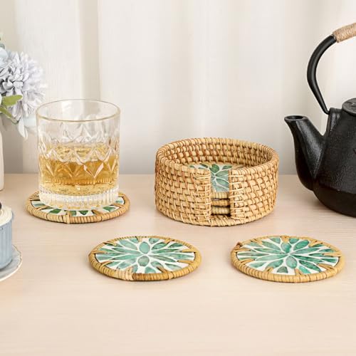Boho Coastal Coasters Set of 6, Handmade Coasters with Holder, Green Leaf - style: Green Leaf