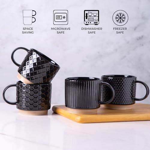 GBhome 12 OZ Stackable Coffee Mugs Set of 6, Ceramic Black Coffee Cups Set - color: Black, size: 12 Ounce(6PCS)