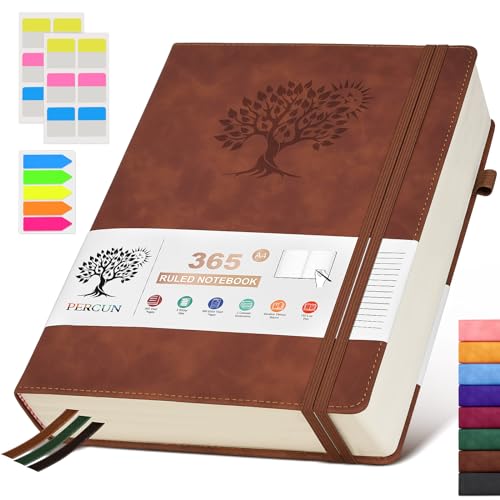 PERCUN A4 Lined Journal Notebook，365 Page Large Leather Journals for Writing Women Men，Hardcover Notebook with 100Gsm Thick Pages for Travel，Work，School，College Ruled, Daily Diary (8.5" x 11.4") - color: Brown, size: A4