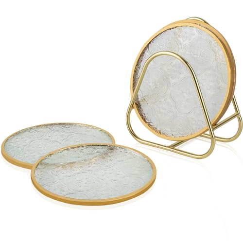 Glass Gold Coasters with Holder Set of 4, Round Cup Coaster Set with Carved Glass Stylish for Coffee Tea Wine Coasters for Bar Drink with Brass Edge Coasters Home Decor - color: Round Coasters With Holder
