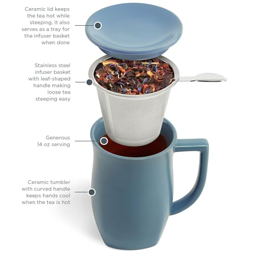 Tea Forte Ceramic Fiore Tea Cup with Infuser, Stone Blue, 14 oz - color: Stone Blue