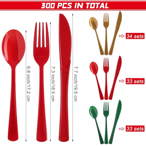 Kochorie 300 Pieces Christmas Plastic Silverware Heavy Duty Plastic Cutlery Set Heavyweight Disposable Flatware Includes Christmas Spoons Knives Forks for Christmas New Year Party - color: Red, Green, Gold