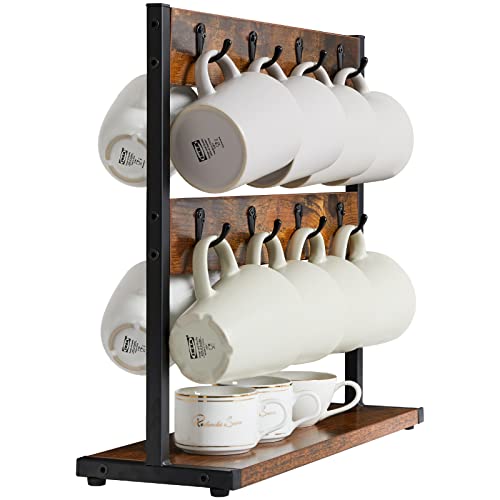IBUYKE Coffee Mug Holder for Countertop,16 Hook Mug Tree,Brown TBJ001H - color: Rustic Brown, size: no shelf(16 mugs)
