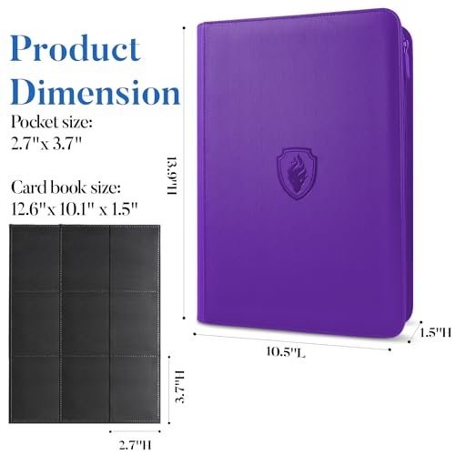Premium Zip Card Binder, Fabmaker 9 Pocket Trading Card Binder PU Cover - color: Purple, size: 9 Pocket - 13.9" x 10.5"