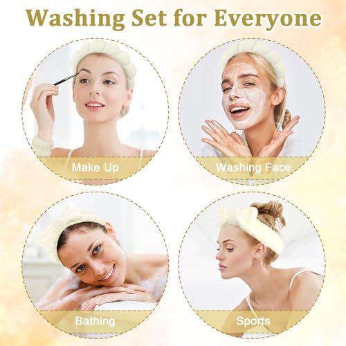 6 Pcs Puffy Spa Headband and Wristbands, Beige, Hairband for Washing Face Skincare, Absorbent Headband for Shower, Yoga, Makeup, Unisex-Adults - color: Beige