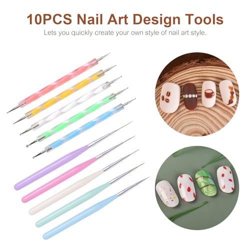 10Pcs Nail Art Brush Kit Double-end Dotting Pens Nail Fine Liner Brushes for UV Gel Polish Acrylic Nails 10 Sizes Dotting Drawing Pens Nail Art Design Tool