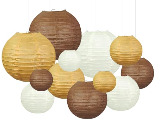 Brown Boho Paper Lanterns Decorative 12pcs Caramel Party Hanging Decorations Rustic Party Wedding Natural Baby Shower Boho Brown Birthday Party Home Decor - color: brown,white,tan