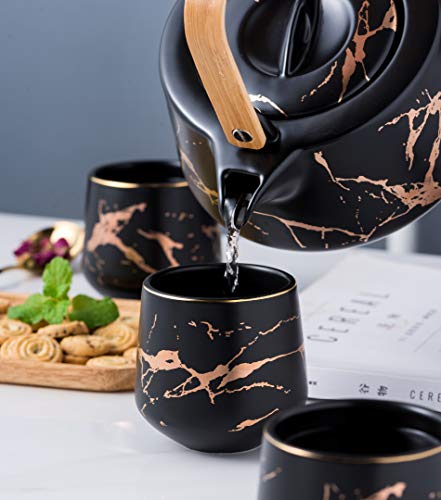 Serve of 4-Marble Porcelain Teapot Set with Infuser for Loose Tea, Black - color: Black
