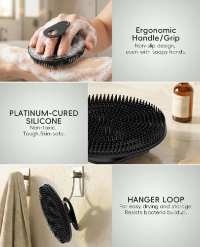 Soft Silicone Shower Brush Body Wash Bath Exfoliating Skin Massage Scrubber - color: Black+mint