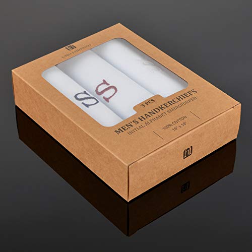 Initial Handkerchief for Men, Monogrammed Boxed 3 Piece Set,100% Cotton - color: S Initial