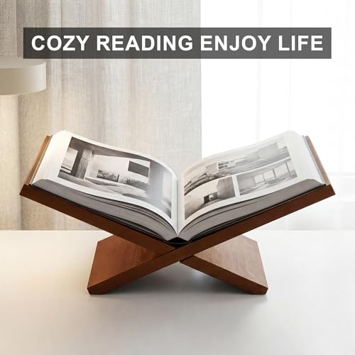 Wooden Book Stand for Display, Large Open Book Holder for Desk - color: Brown