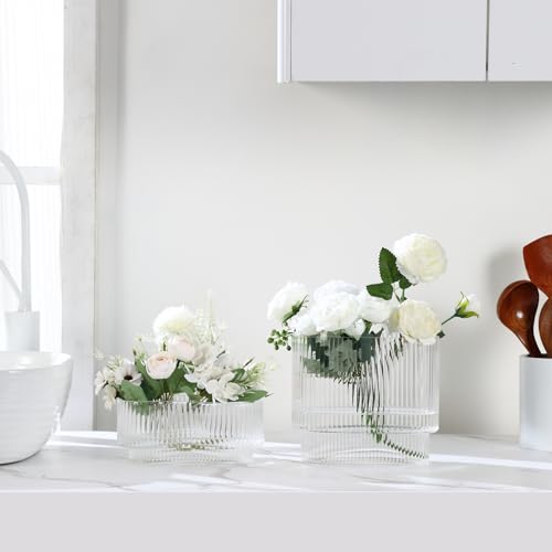 Short Glass Vases, Set of 2 Clear Glass Vases for Tulips, Ribbed Vase for Flowers, Modern Small Vase for Living Room, Dining Room, Bathroom, Desk, Shelf, Wedding, Office - color: Clear, size: Oval x2