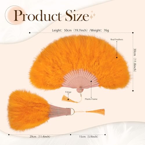 whitefeather Vintage Feather Hand Fan, 17.7 x 11.8 inches, Marabou Feathers, 1920s Style for Costume Parties, Tea Parties - color: Orange